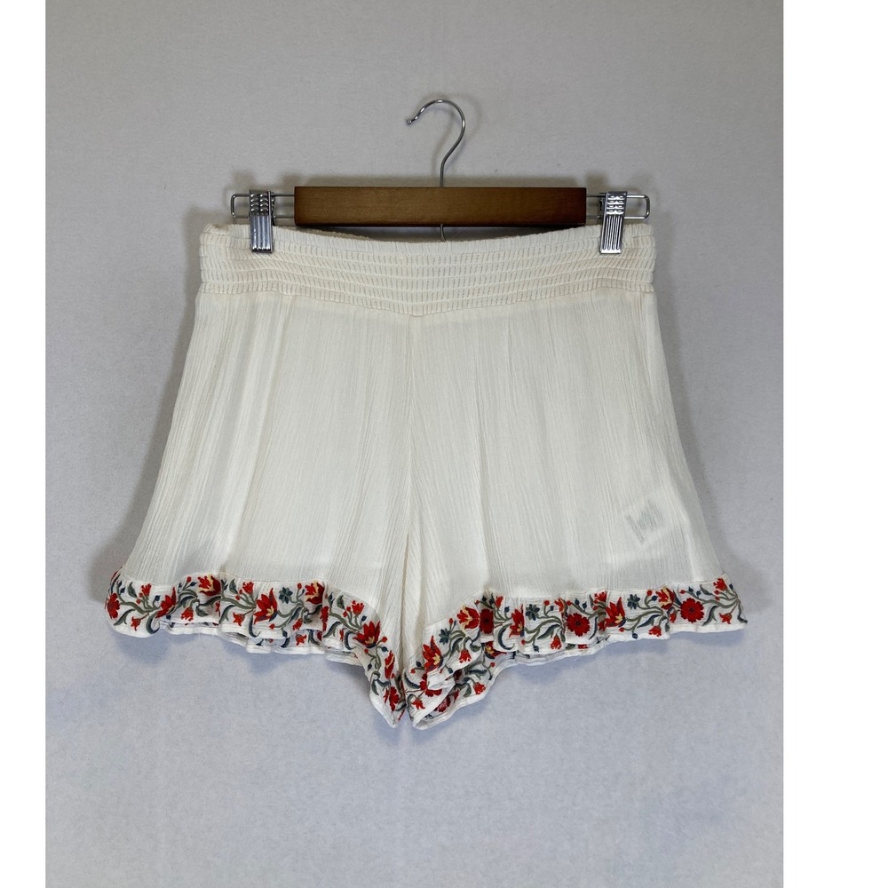 Boho Black Swan Womens Small Ivory Floral Embroidered Smocked Ruffle Shorts